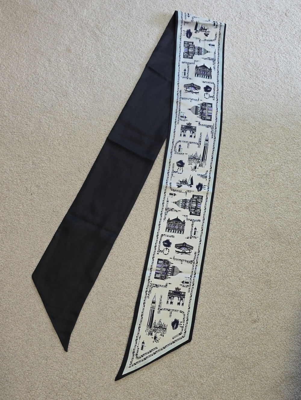 Talbots Silk Twilly Scarf in Black and Ivory with Architectural Print